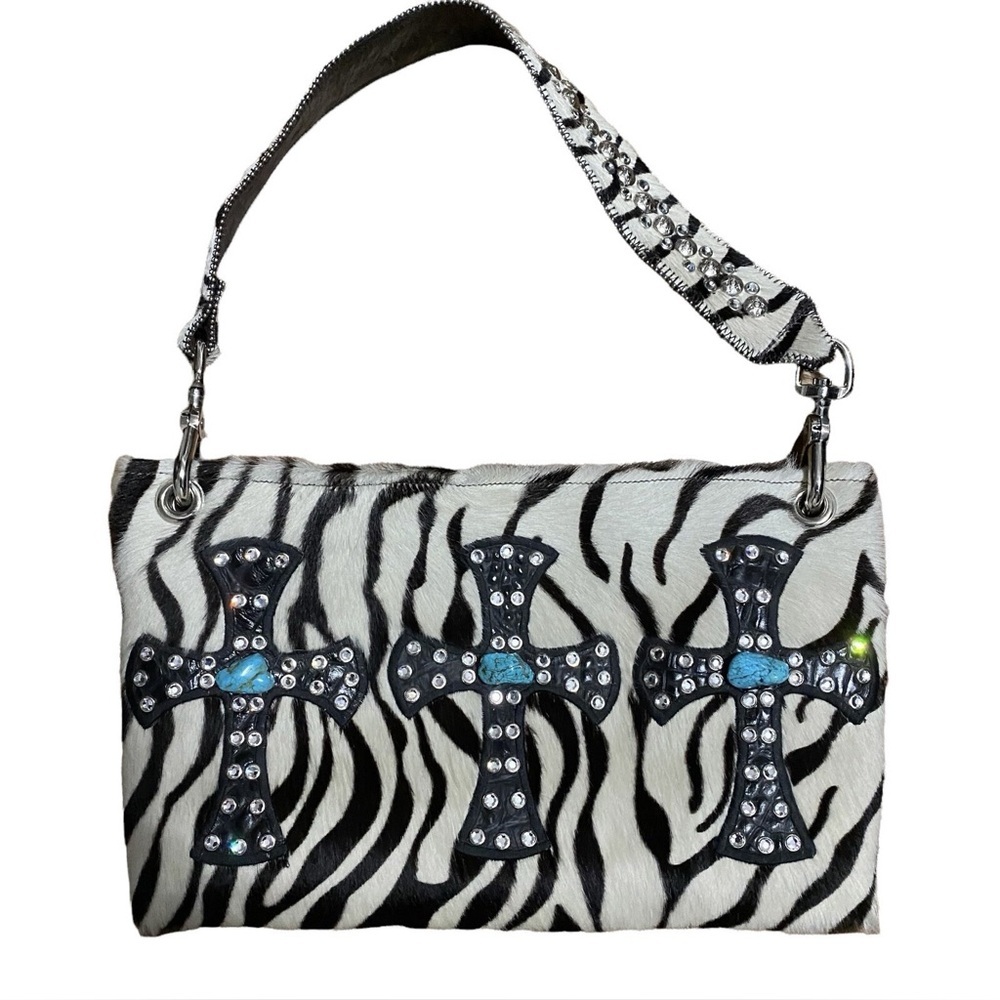 KurtMen Design Zebra Hair-On Hide Shoulder Bag Turquoise Cross